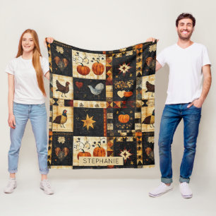Primitiv folkart Quilt Mönster Rustic Autumn Fleecefilt