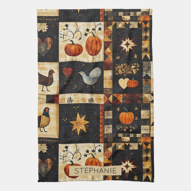 Primitiv folkart Quilt Mönster | Rustic Autumn Kökshandduk (Vertikal)