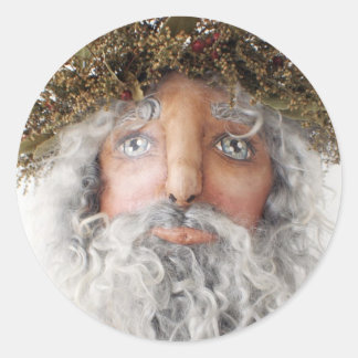 Primitiv folkart Santa Sticker ~ julkort Runt Klistermärke