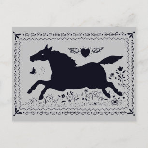 PRIMITIV FOLKART SOM KÖRS AV HORSE EQUINE SILHOUET VYKORT