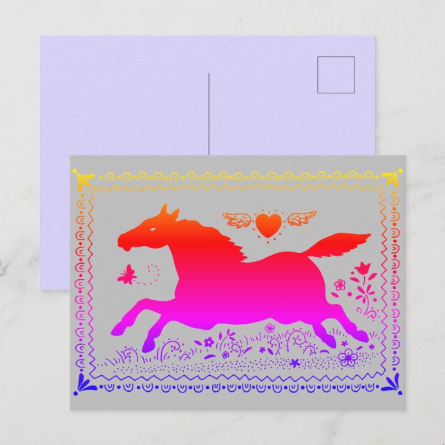 PRIMITIV FOLKART SOM KÖRS AV HORSE EQUINE SILHOUET VYKORT (Fram/baksida)