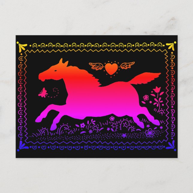 PRIMITIV FOLKART SOM KÖRS AV HORSE EQUINE SILHOUET VYKORT (Framsida)