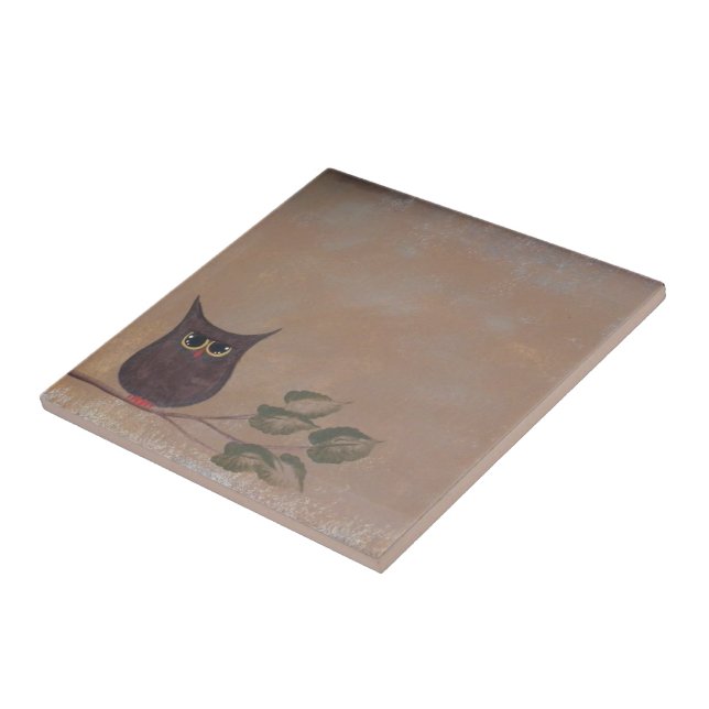 Primitiv folkkonst Uggla akrylmålning Kakelplatta (Sidan)