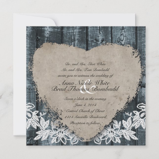 Primitiv inbjudan till Blue Wood Heart Wedding (Framsida)