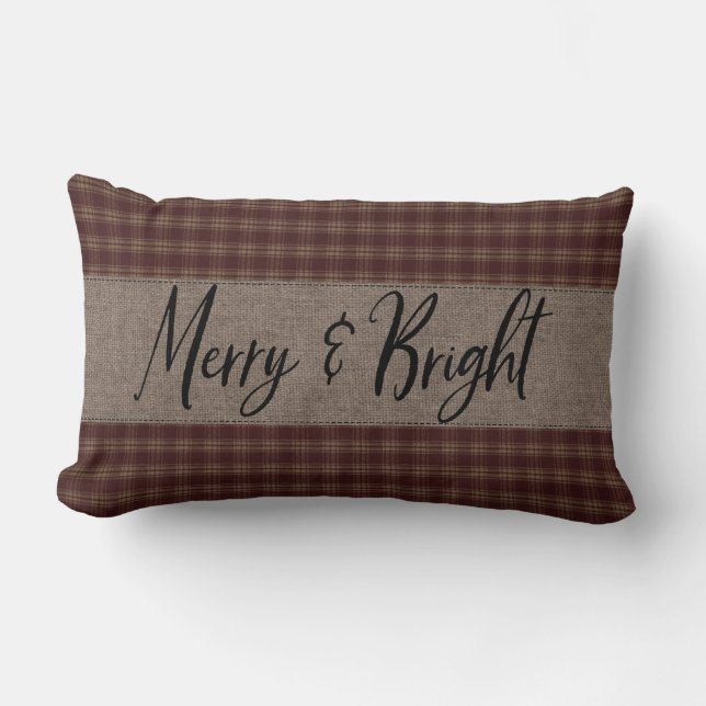 Primitiv jul Burgundy Homespun Merry Lumbarkudde (Framsida)