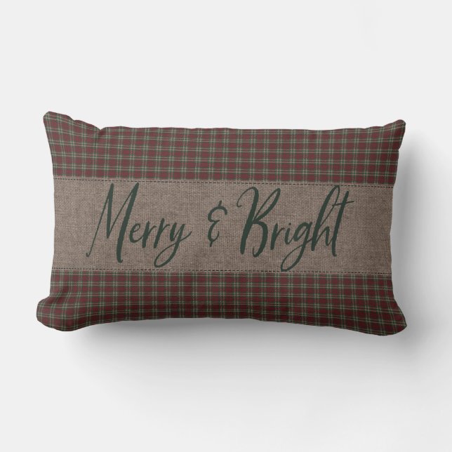 Primitiv Jul Red & Grönt Homespun Merry Lumbarkudde (Framsida)