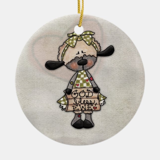 Primitiv Lamb-Välsigna dig Ewe Julgransprydnad Keramik (Framsidan)
