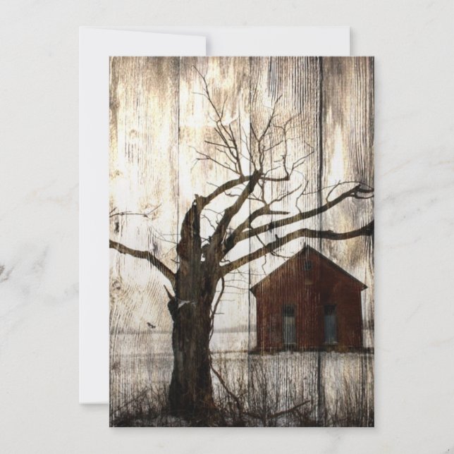 Primitiv Land Woodgrain Winter Träd Red Barn Inbjudningar (Framsida)