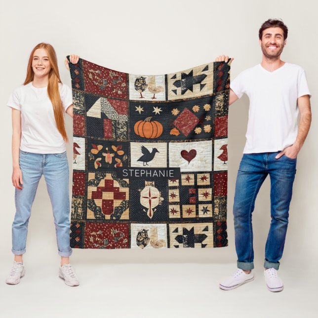 Primitiv lantbruks-appliqué och geometri fleecefilt (På plats)