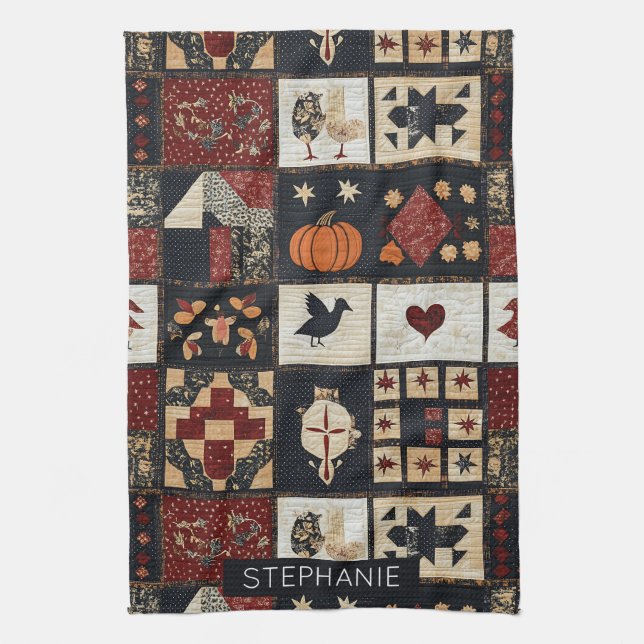 Primitiv lantbruks-appliqué och geometri kökshandduk (Vertikal)