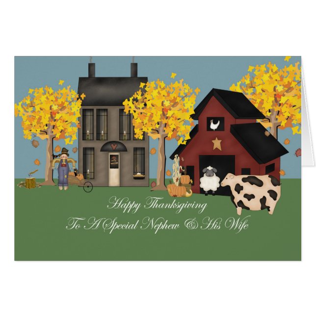 Primitiv lantgårdbrorson- & fruthanksgiving hälsningskort (Framsidan Horizontal)