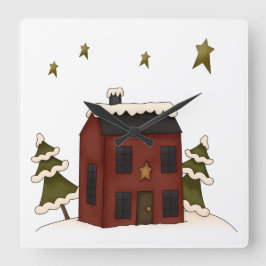 Primitiv röd kolonial i Snö Fyrkantig Klocka