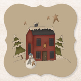 Primitiv röd kolonial med Snögubbe Underlägg Papper