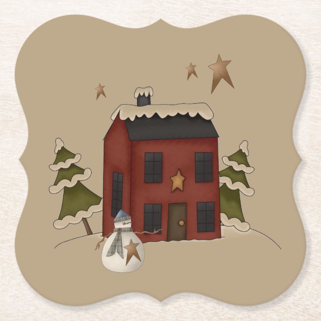 Primitiv röd kolonial med Snögubbe Underlägg Papper (Framsida)