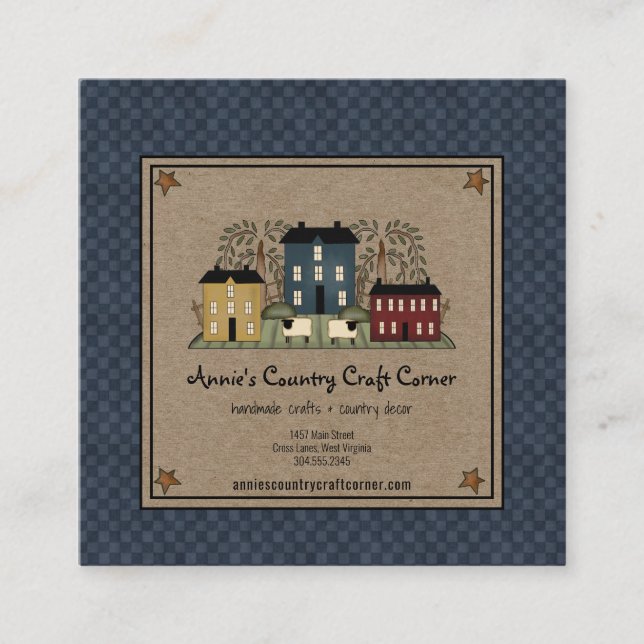 Primitiv saltbox Willow Träd och får Fyrkantigt Visitkort (Framsida)