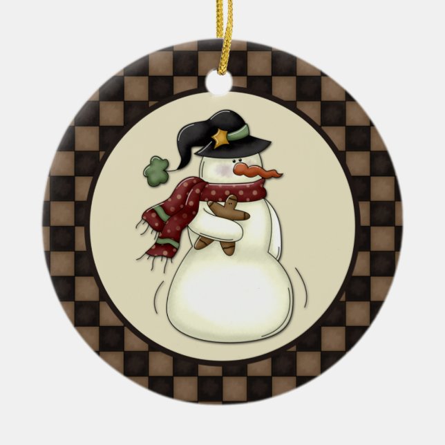 Primitiv Snömanna Gingerbread Man Julgransprydnad Keramik (Framsidan)