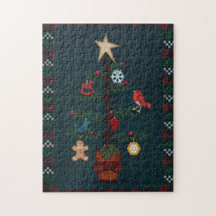 Primitiv Stil Julgran Folk Art Stil Pussel