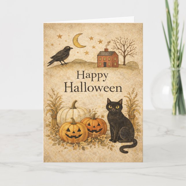 Primitiv svart katt folklig konst Halloween Kort (Framsida)