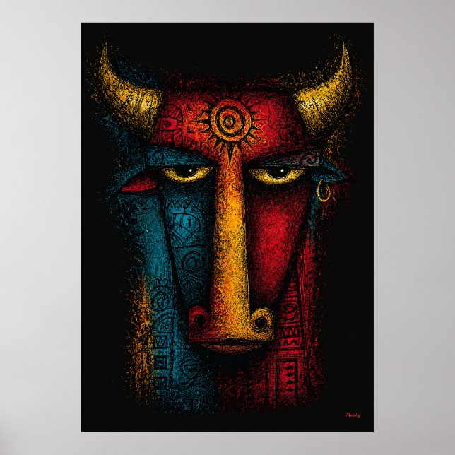 Primitiv tjurtotem abstrakt konst – expressionisti poster (Framsidan)