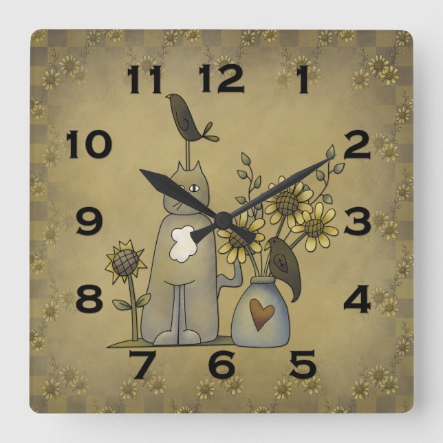 Primitiva Kråkor i Land Katt Solblommor Wall Clock Fyrkantig Klocka (Framsida)