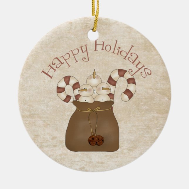 Primitiva Snögubbar i Land keramiska prydnadsförem Julgransprydnad Keramik (Framsidan)