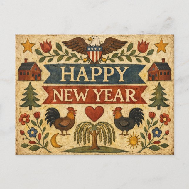 Primitive Americana Folk Art New Year Helg Vykort (Framsida)