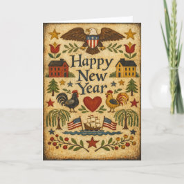 Primitive Americana Folk Art New Year Helgkort