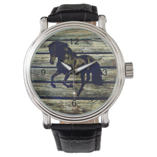 Primitive BarnWood Equestrian Black Stallion Horse Armbandsur