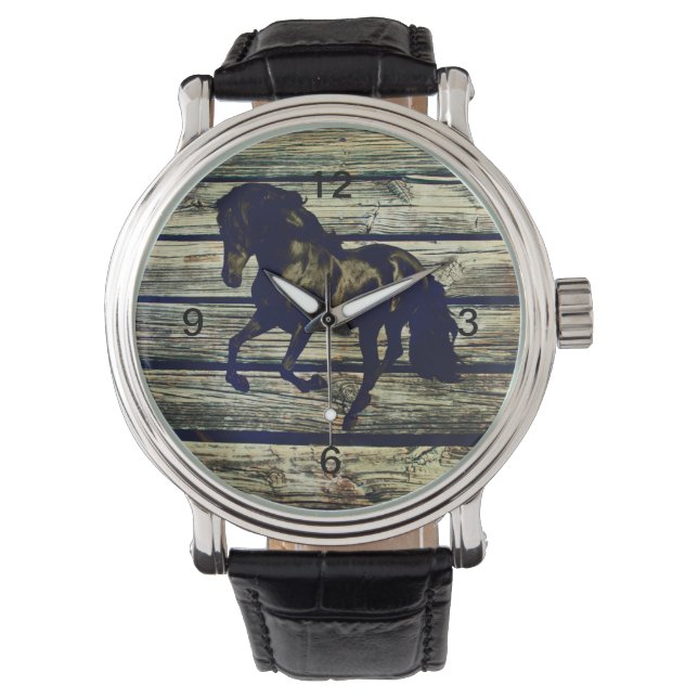 Primitive BarnWood Equestrian Black Stallion Horse Armbandsur (Framsida)