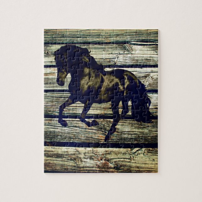 Primitive BarnWood Equestrian Black Stallion Horse Pussel (Vertikal)