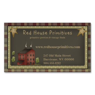 Primitive Land Red Saltbox House & Stars Magnetiska Visitkort