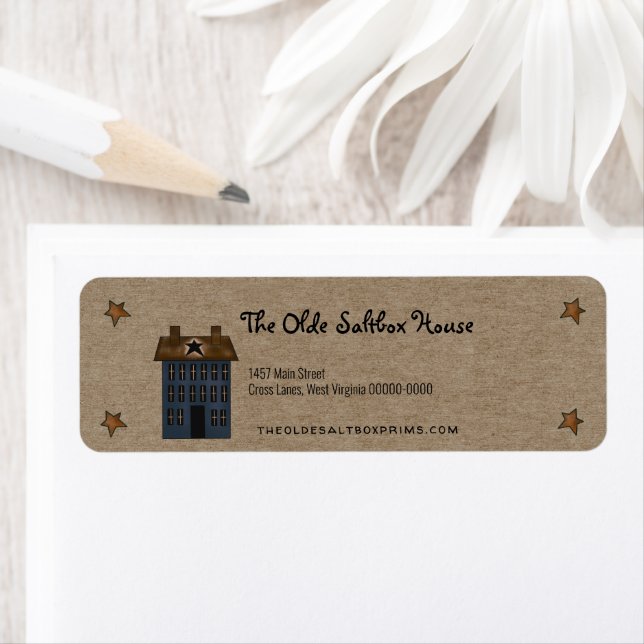 Primitive Land Saltbox House Rusty Stars Kraft Returadress Etikett (Insitu)