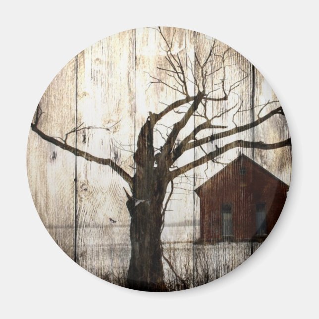 Primitive Land Woodgrain Winter Träd Red Barn Magnet (Framsidan)