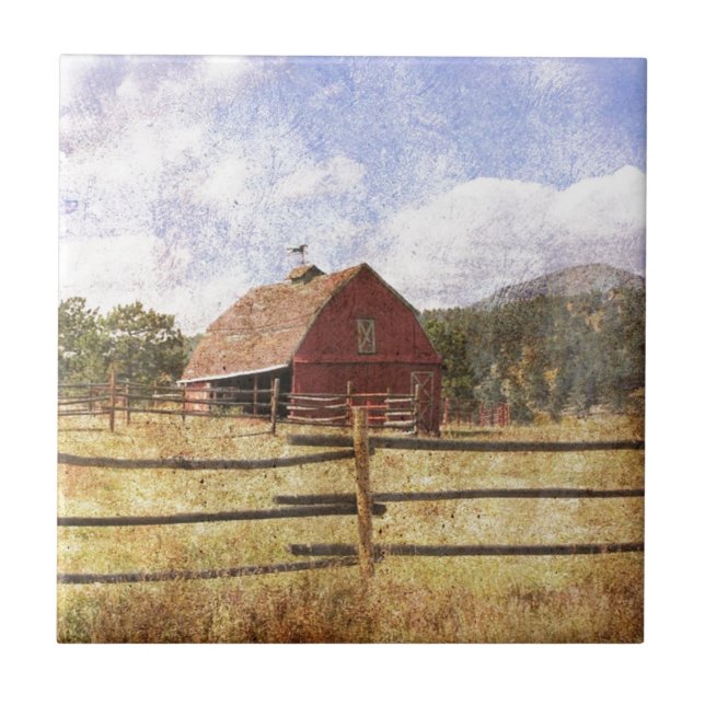 Primitive Red Barn Western Land Kakelplatta (Framsidan)