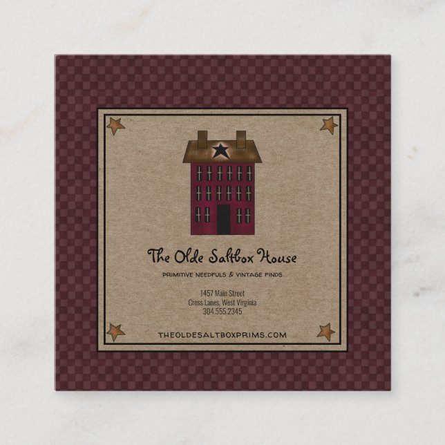Primitive Saltbox House Rusty Star Kraft Fyrkantigt Visitkort (Framsida)