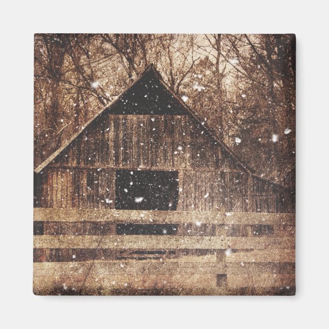 Primitive Winter Land Rural Old Barn Snö Magnet (Framsidan)