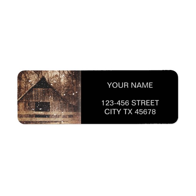 Primitive Winter Land Rural Old Barn Snö Returadress Etikett (Framsidan)