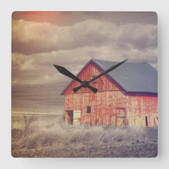 Primitive Wood Westernare Land farm Red Barn Fyrkantig Klocka (Framsida)