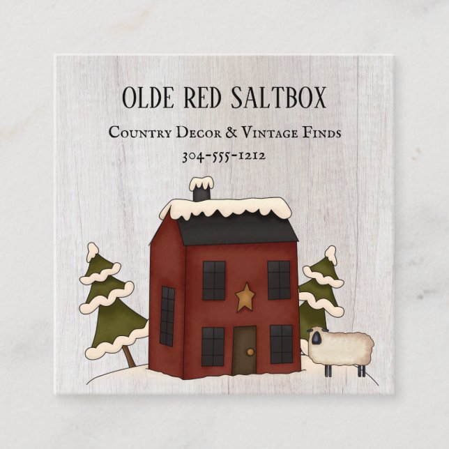 Primitivt Land Rustic Red Winter Saltbox-får Fyrkantigt Visitkort (Framsida)
