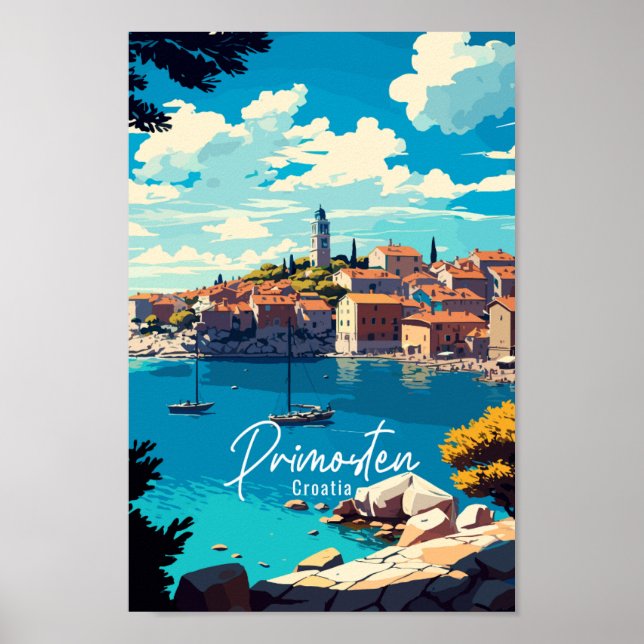 Primosten Kroatien vintage resor illustration Poster (Framsidan)