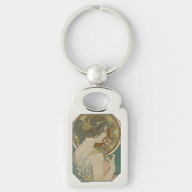 Primrose av Alphonse Mucha (1899) Rektangulärt Silverfärgad Nyckelring (Framsidan)