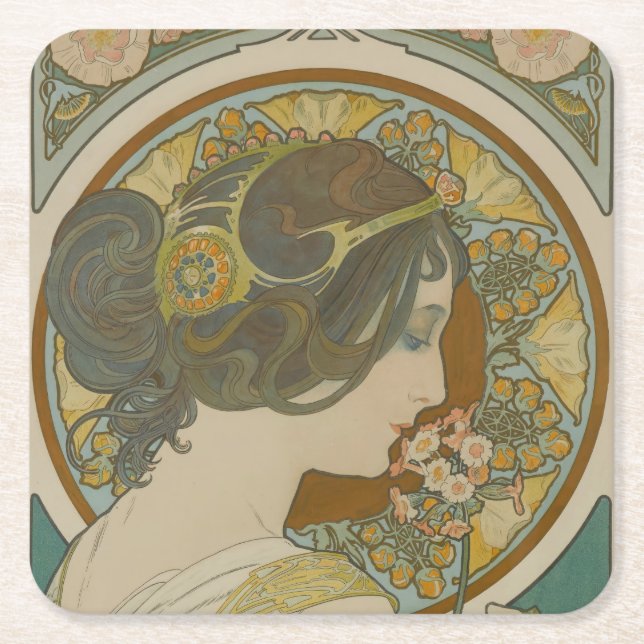 Primrose av Alphonse Mucha Underlägg Papper Kvadrat (Framsidan)