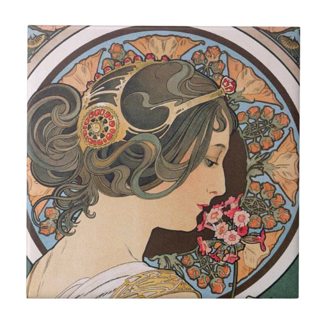 Primrose av Alphonse Mucha - Vintage Art nouveau Kakelplatta (Framsidan)