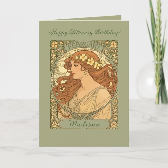 Primrose blommor Art Nouveau stil februari födelse Kort (Framsida)