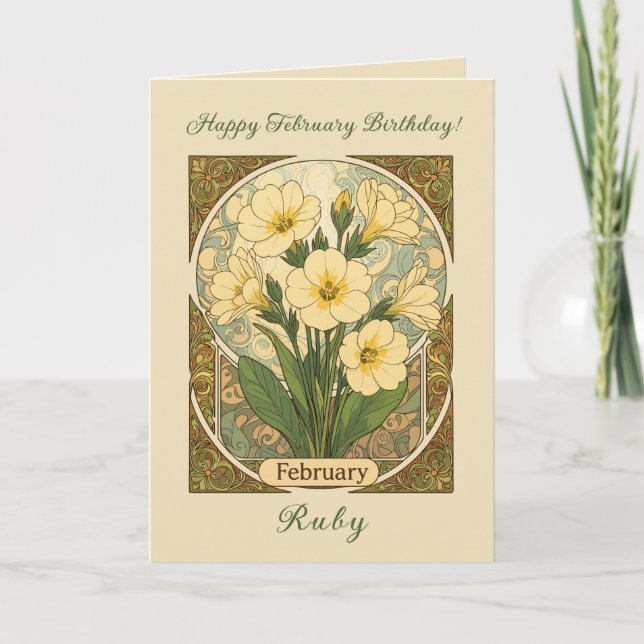 Primrose February Birthday Flowers Art Nouveau Sty Kort (Framsida)