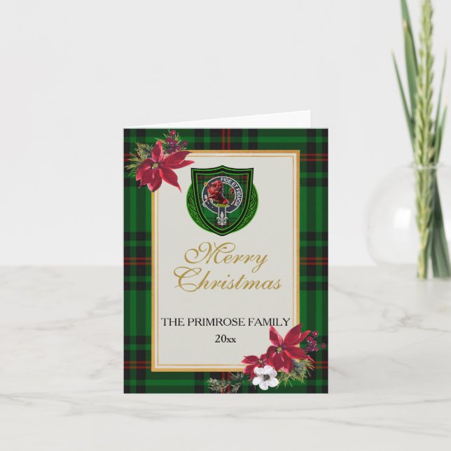 Primrose skotska klan tartan och vapensköld kort (Framsida)