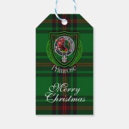Primrose skotska klan tartan och vapensköld presentetikett