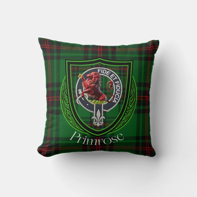 Primrose skotska klan tartan & vapen kudde (Framsida)