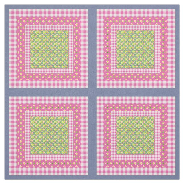 Primroses Rosa Blue Grönt Faux Patchwork Mönster Tyg (Provkarta)
