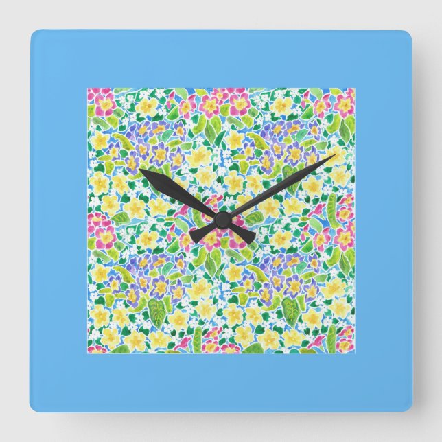 Primroses Square Wall Clock, Turquise Gräns Fyrkantig Klocka (Framsida)